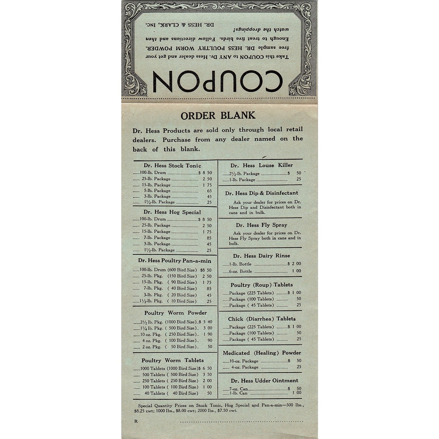 Dr. Hess & Clark Poultry Worm Powder Vintage Order Blank AG5-3