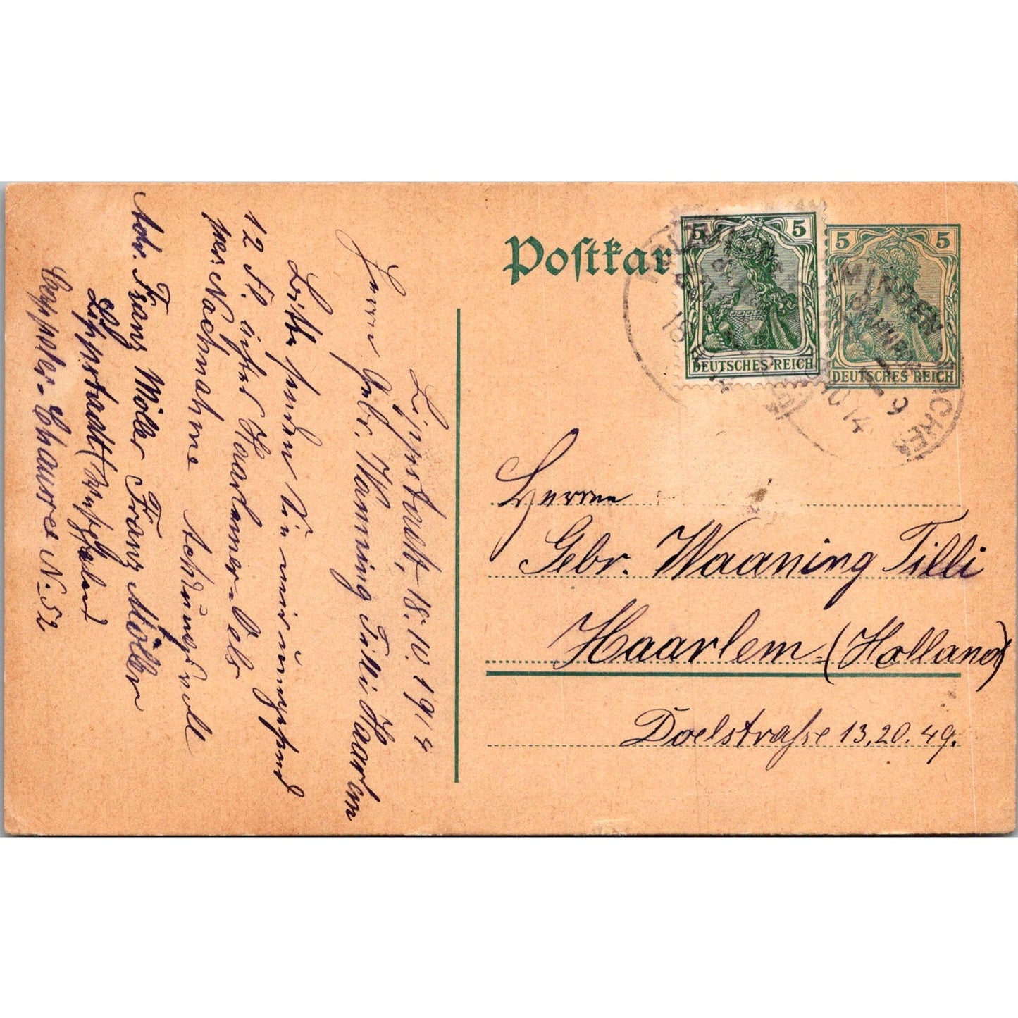 Möller Lippstadt Holzminden-Aachen Tilli Haarlem 1914 German Postcard TE2-GRQ