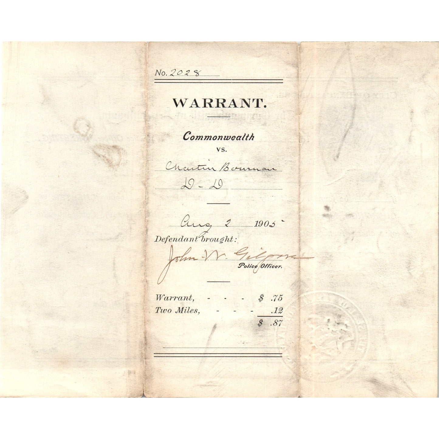 1905 Official Warrant Chastin Bowman Chester W. Cummings Lancaster PA D21