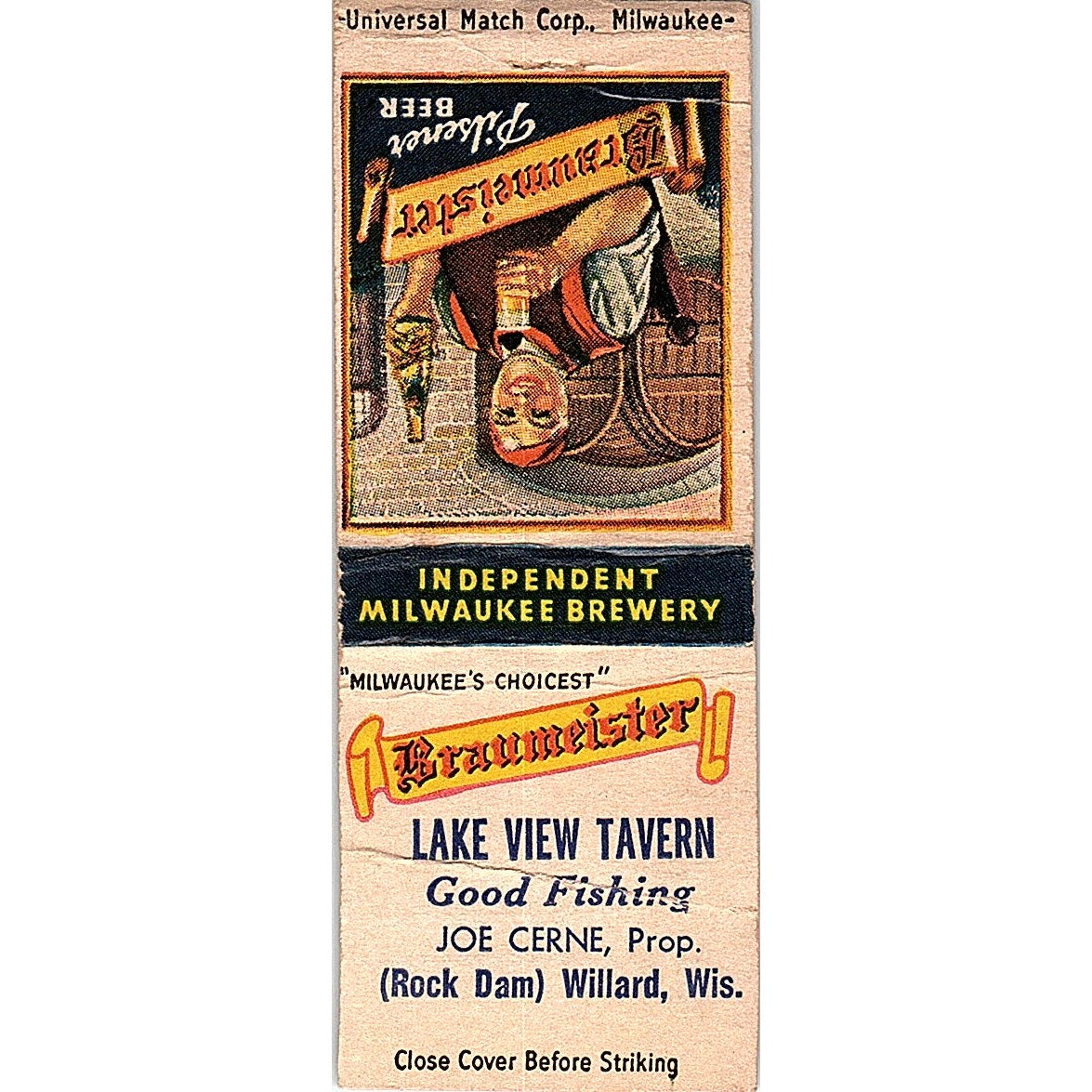 Lake View Tavern Joe Cerne Rock Dam Willard WI Vintage Matchbook Cover SC7-Y7