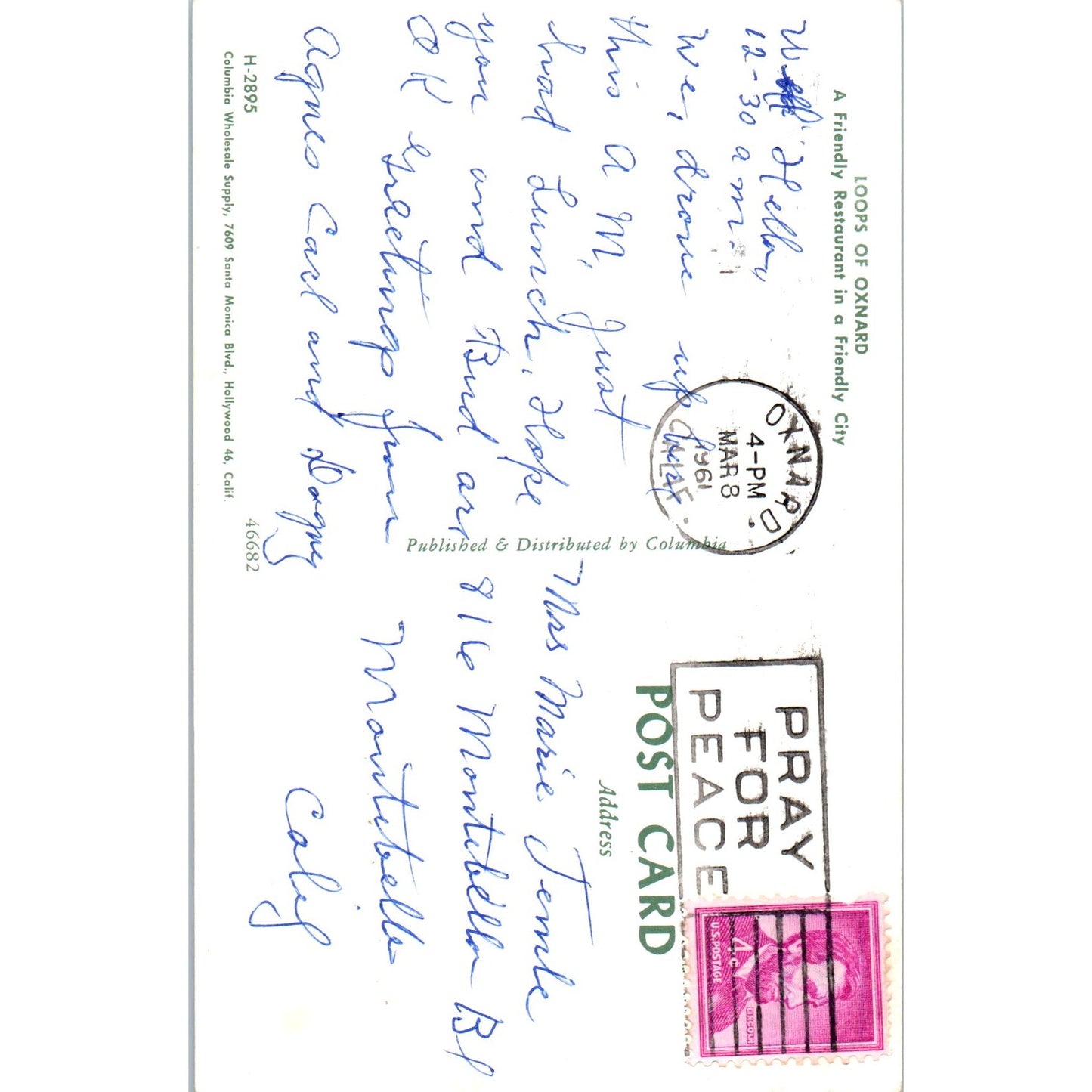 1961 Loops Restaurant of Oxnard California Vintage Postcard PD10