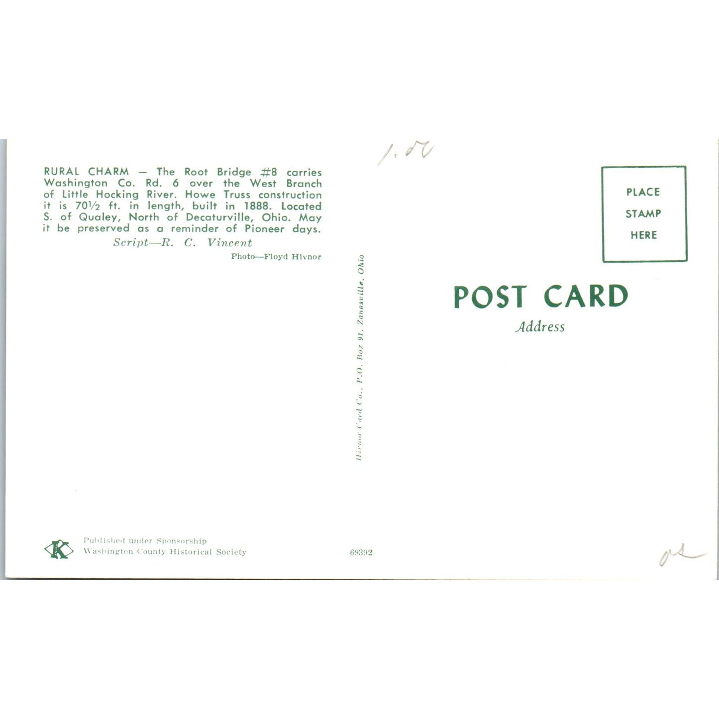 Root Bridge #8 Little Hocking River Decaturville OH Covered Bridge Postcard PC5