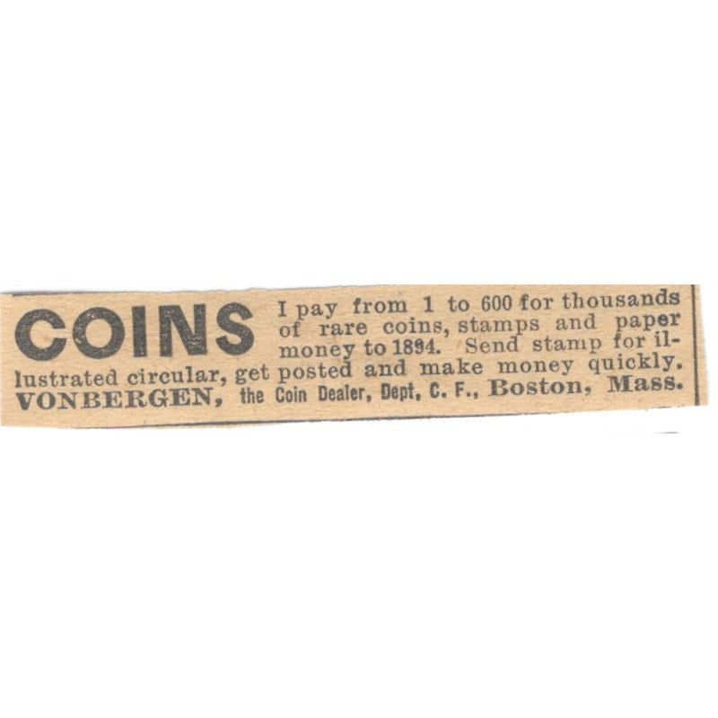 Vonbergen Coin Dealer Boston MA 1910 Magazine Ad AF1-SS8