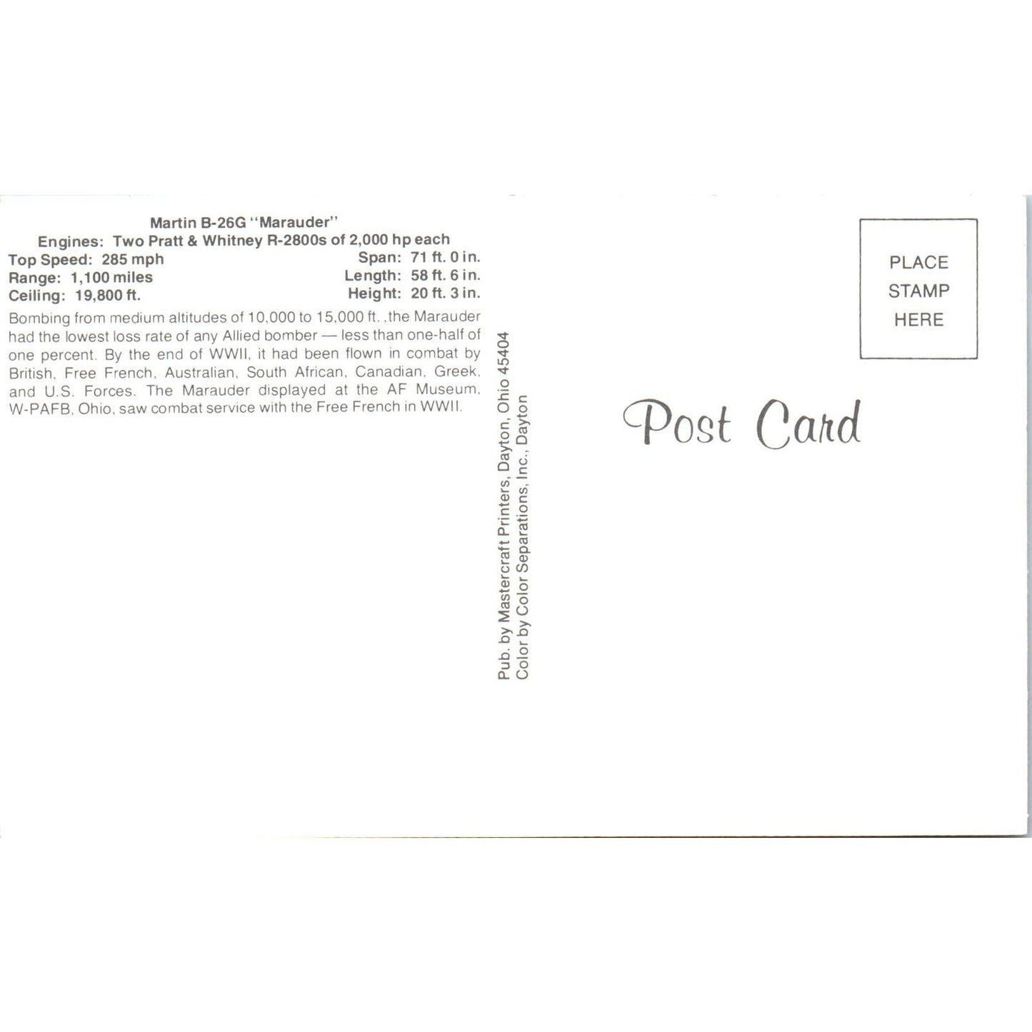 Martin B-26G Marauder Vintage Postcard PC3
