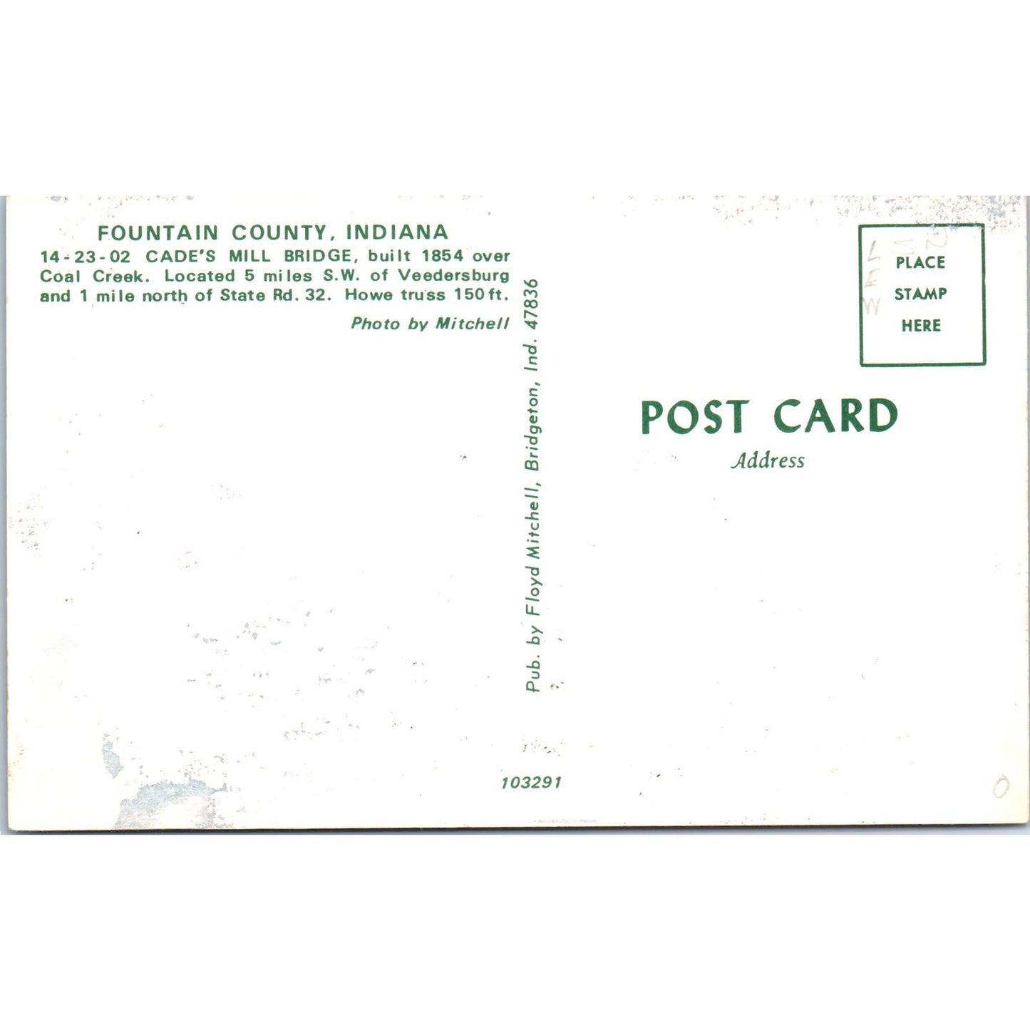 Cade's Mill Bridge Fountain County IN Vintage Covered Bridge Postcard PC14
