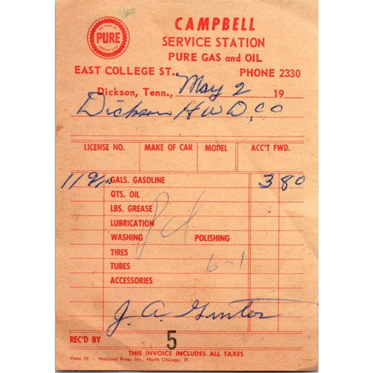 Campbell Service Station Dickson Tennessee Vintage Billhead Receipt AI9-M25