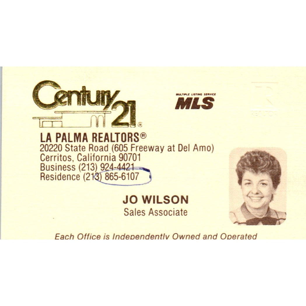 Jo Wilson La Palma Realtors Century 21 Realty Cerritos CA Business Card SD4-B5