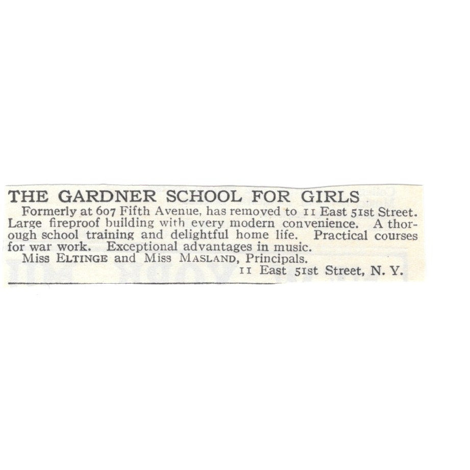 Gardner School for Girls 11 E 51st St, NY Ms Eltinge Ms Masland c1920 Ad SAG4-S3