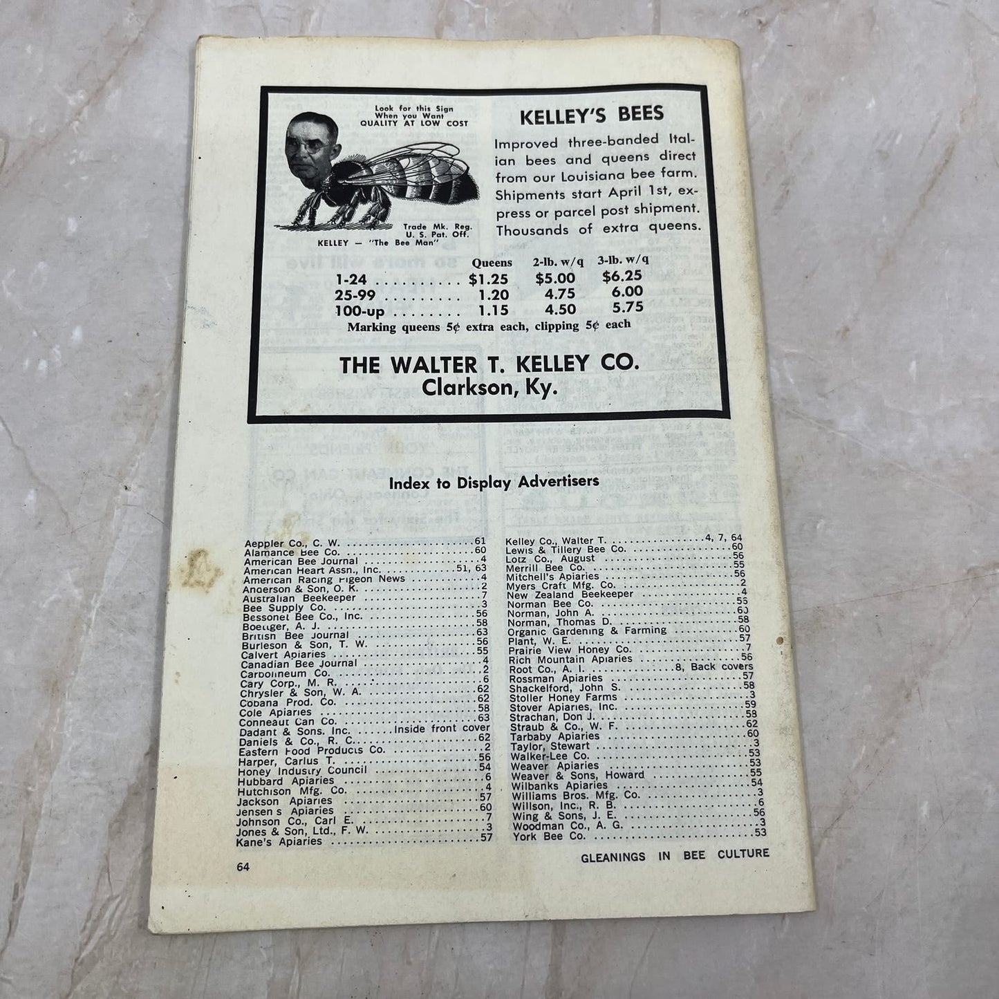 1964 Jan COVERLESS Gleanings in Bee Culture Magazine Bees Beekeeping Honey TD7