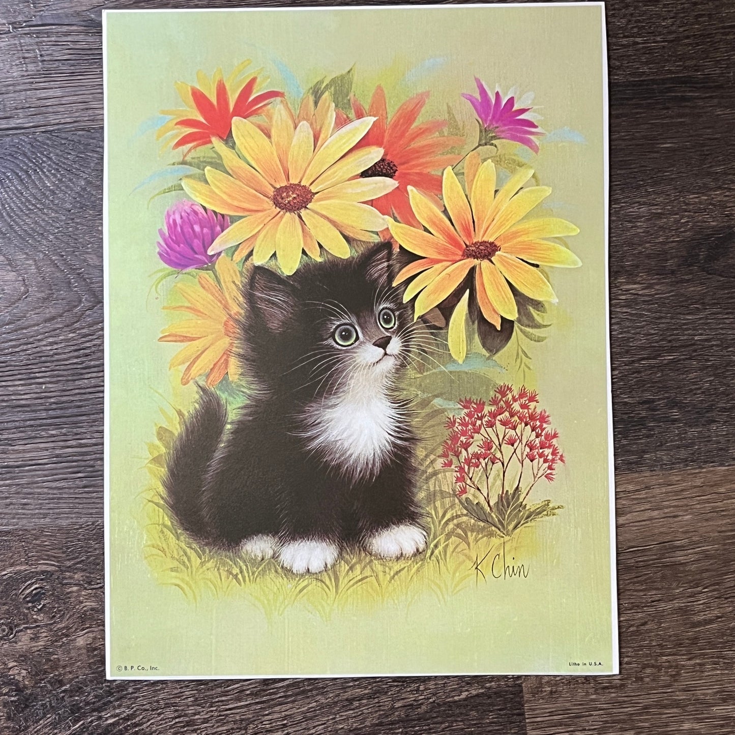 Retro Kitsch 1970s K. Chin Black Tuxedo Kitten Lithograph Art Print 9x12 V4