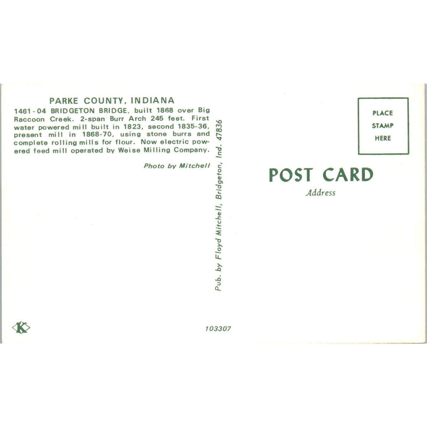 Bridgeton Bridge Parke County IN Vintage Covered Bridge Postcard PC13