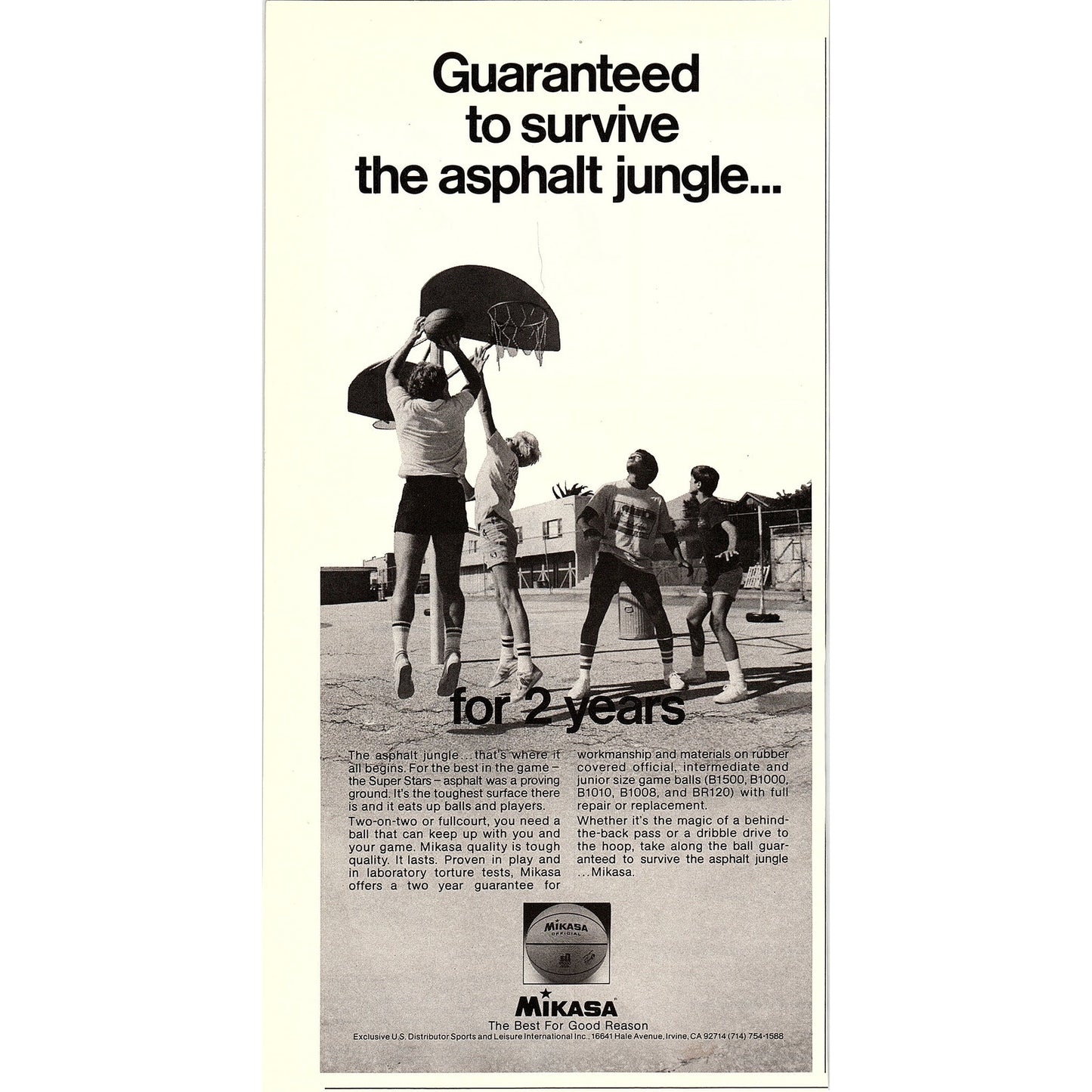 Mikasa Basketballs Guaranteed to Survive Asphalt Jungle 5x10" 1983 Ad AF6-17