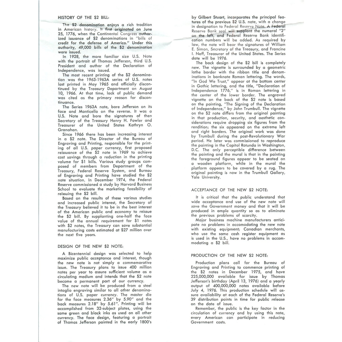 1975 The Story of the Two Dollar Bill Information Pamphlet TF4-BD