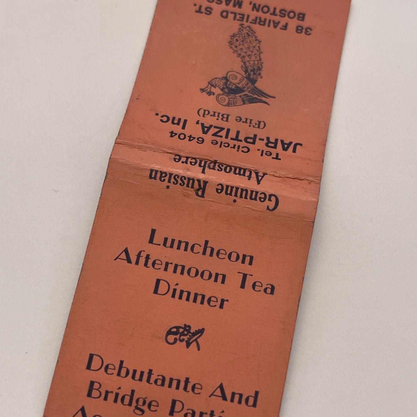 Jar-Ptiza Inc Restaurant Fire Bird Boston MA Vintage Matchbook Cover TB8-MB2-3