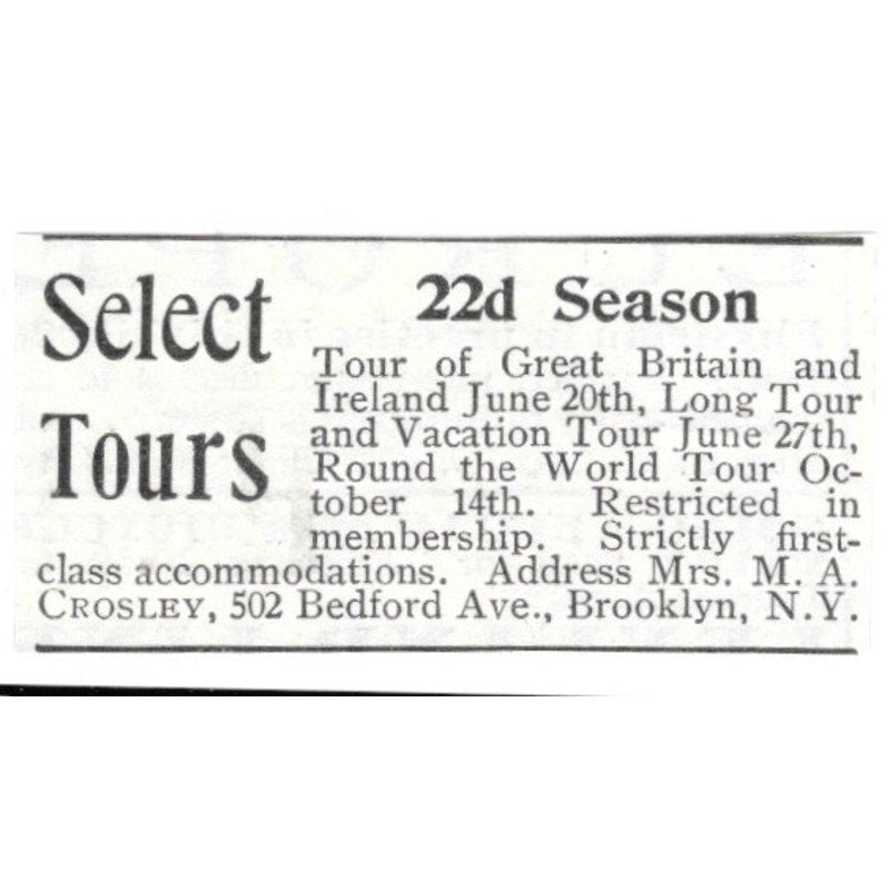M.A. Crosley European Tours Brooklyn NY 1903 Ad AG3-S13