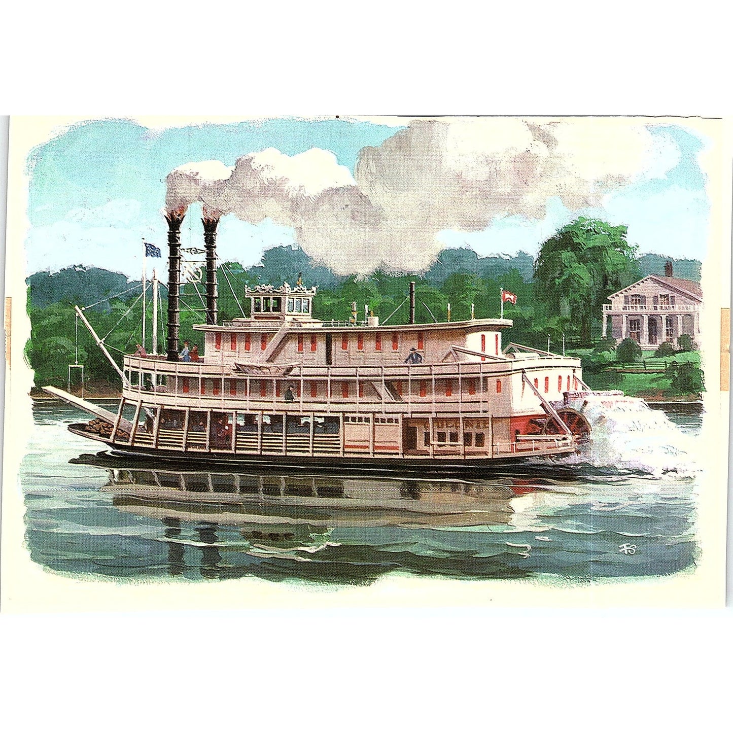 Steamboat Illustration Signed FS Vintage Art Print 4x6 V12