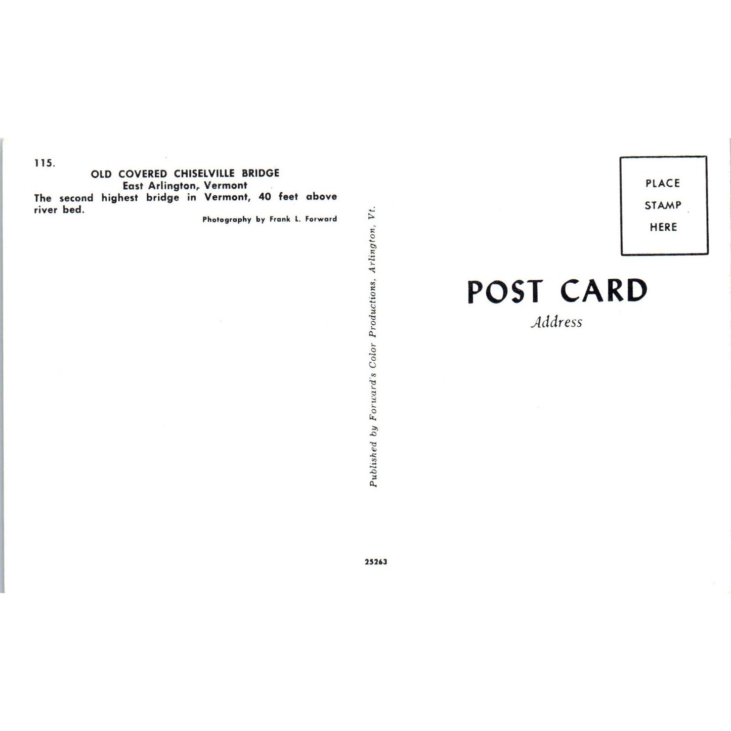 Old Covered Chiselville Bridge East Arlington VT Covered Bridge Postcard PB11