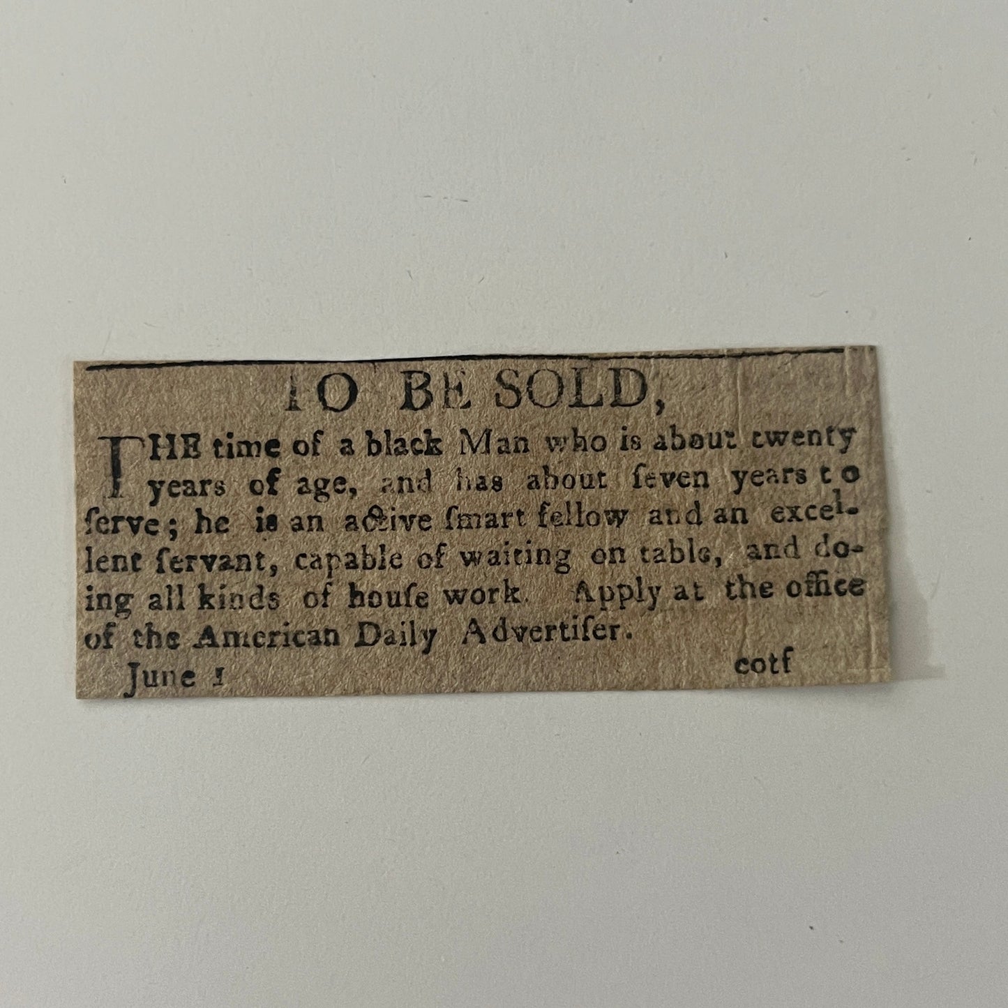 Time of a Black Man About 20 Years Old Slavery 1802 Philadelphia Ad AJ2-S10