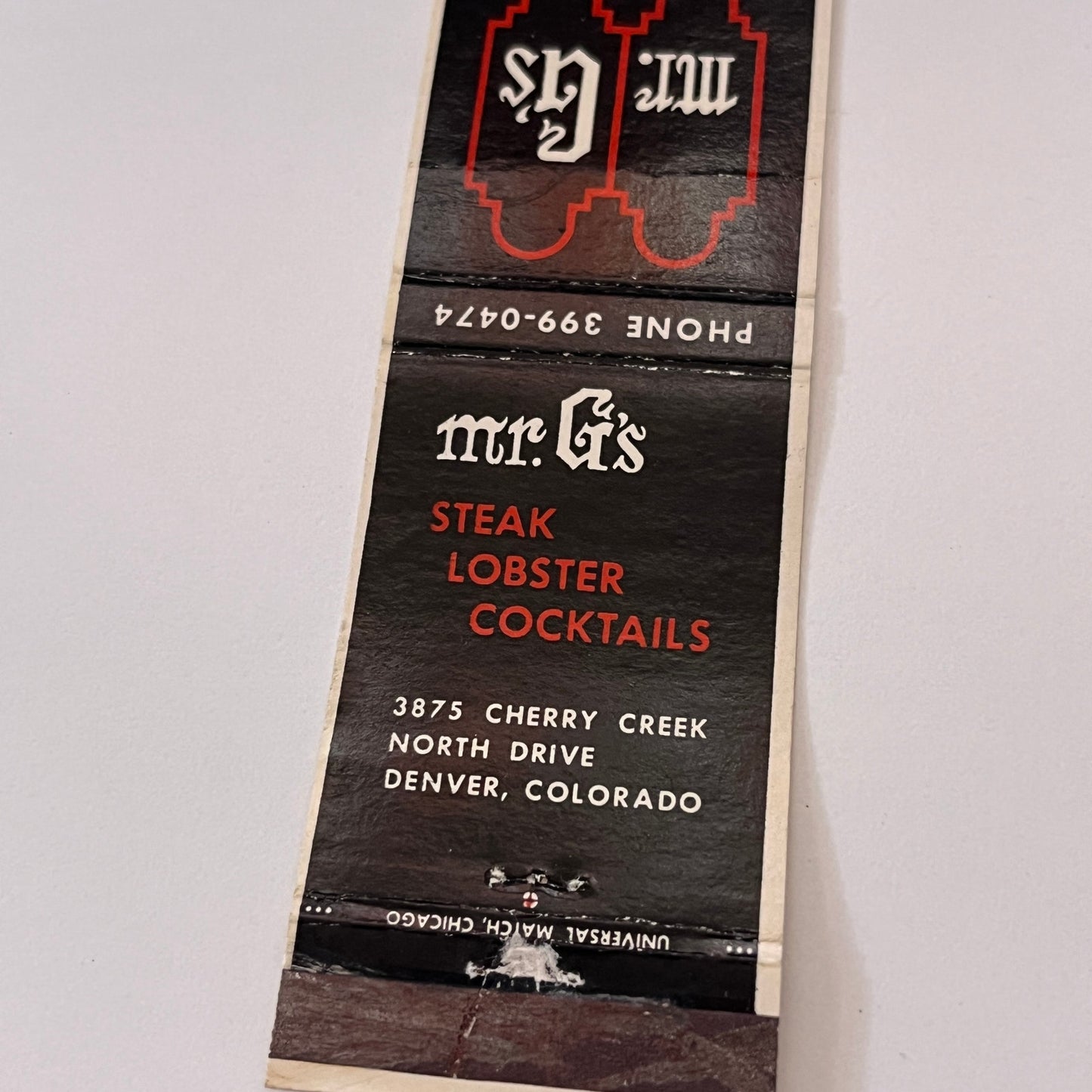 Mr. G's Steak Lobster Denver CO Vintage Matchbook Cover TB6-MB1-15
