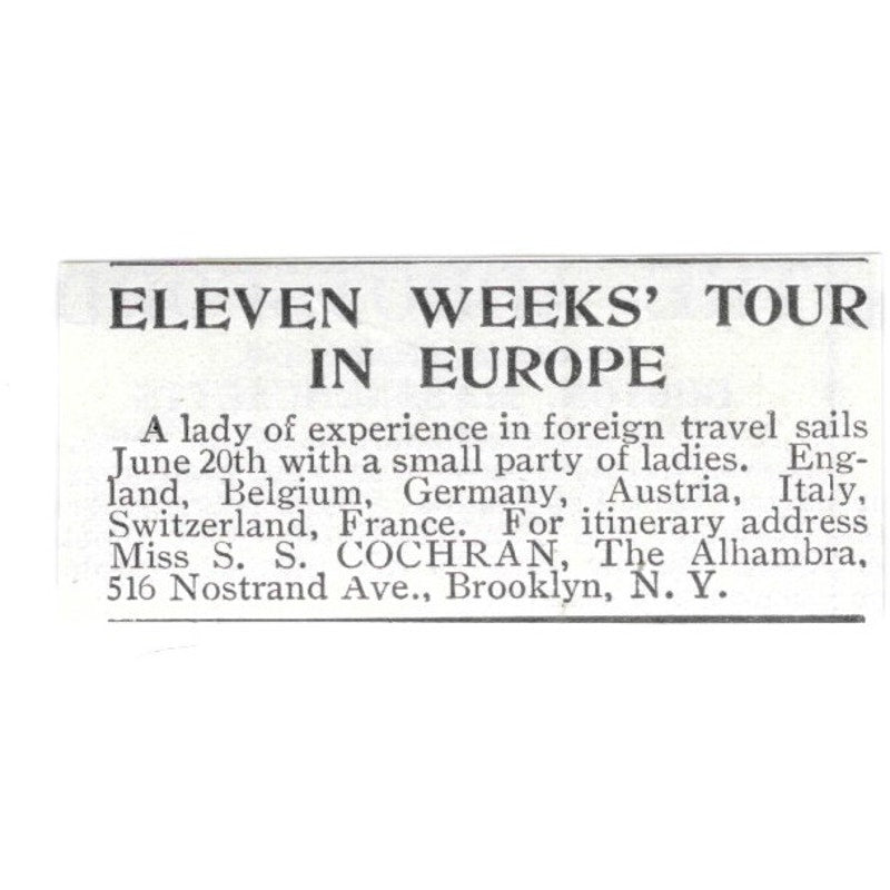 Eleven Weeks Tour in Europe S.S. Cochran Brooklyn NY 1903 Ad AF8-S35