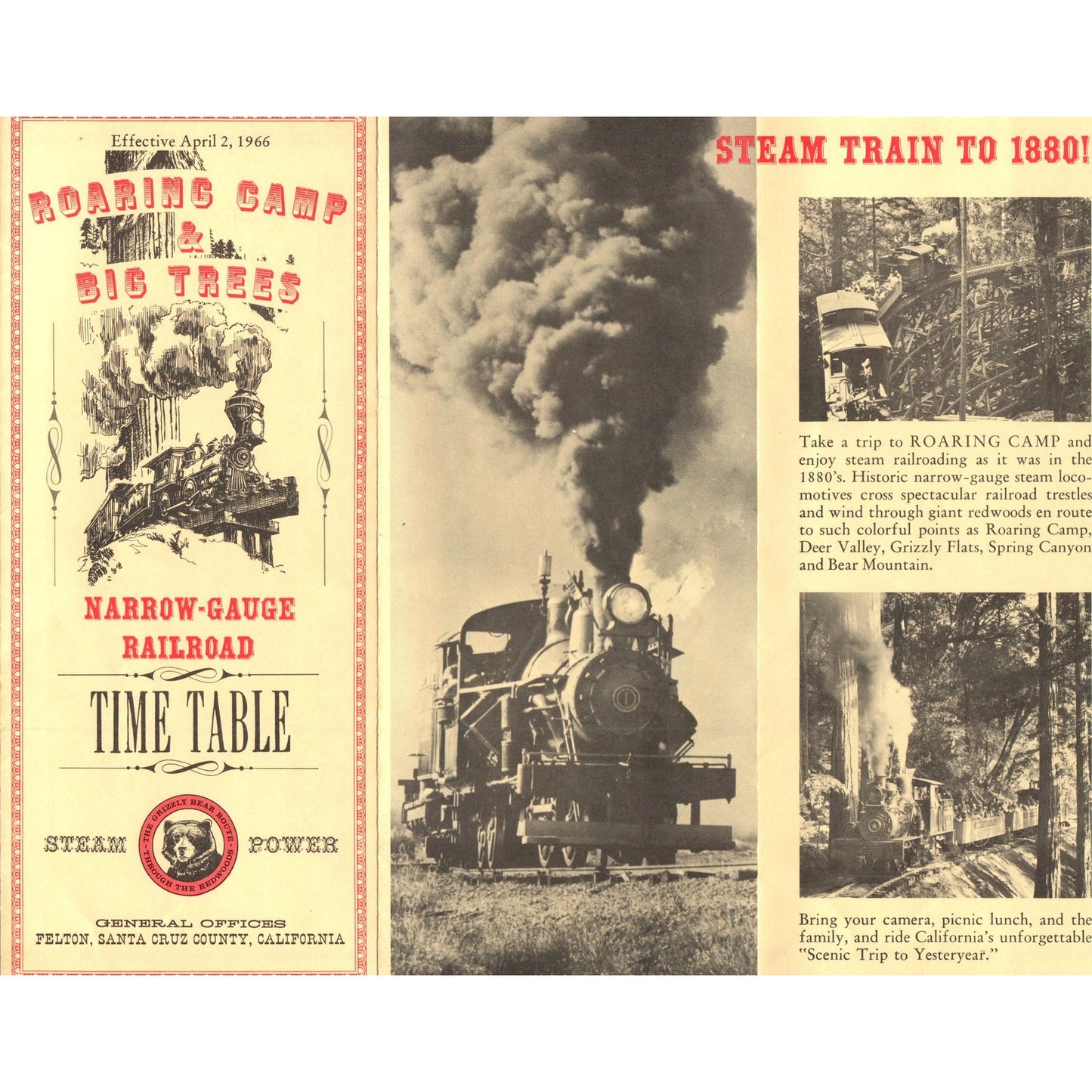 1966 Roaring Camp & Big Trees Narrow-Gauge Railroad Timetable Santa Cruz TH9-CB