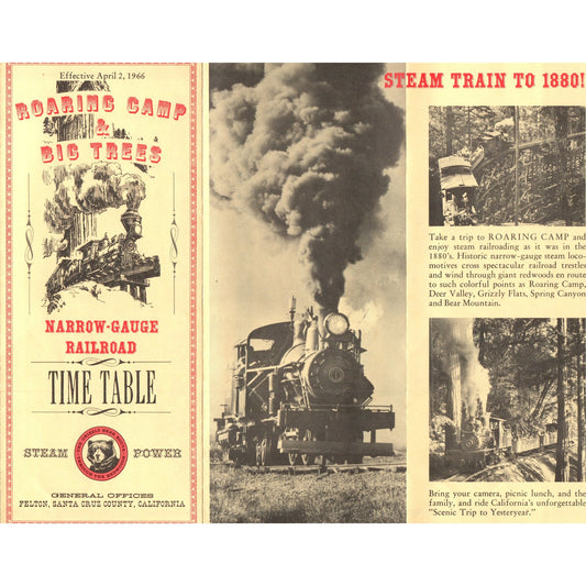 1966 Roaring Camp & Big Trees Narrow-Gauge Railroad Timetable Santa Cruz TH9-CB