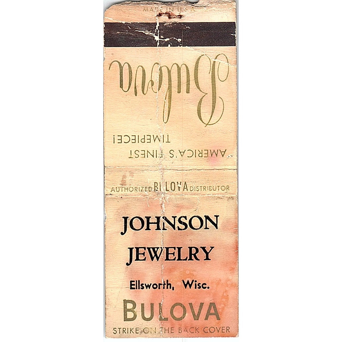 Johnson Jewelry Bulova Ellsworth WI Vintage Matchbook Cover SC7-Y5