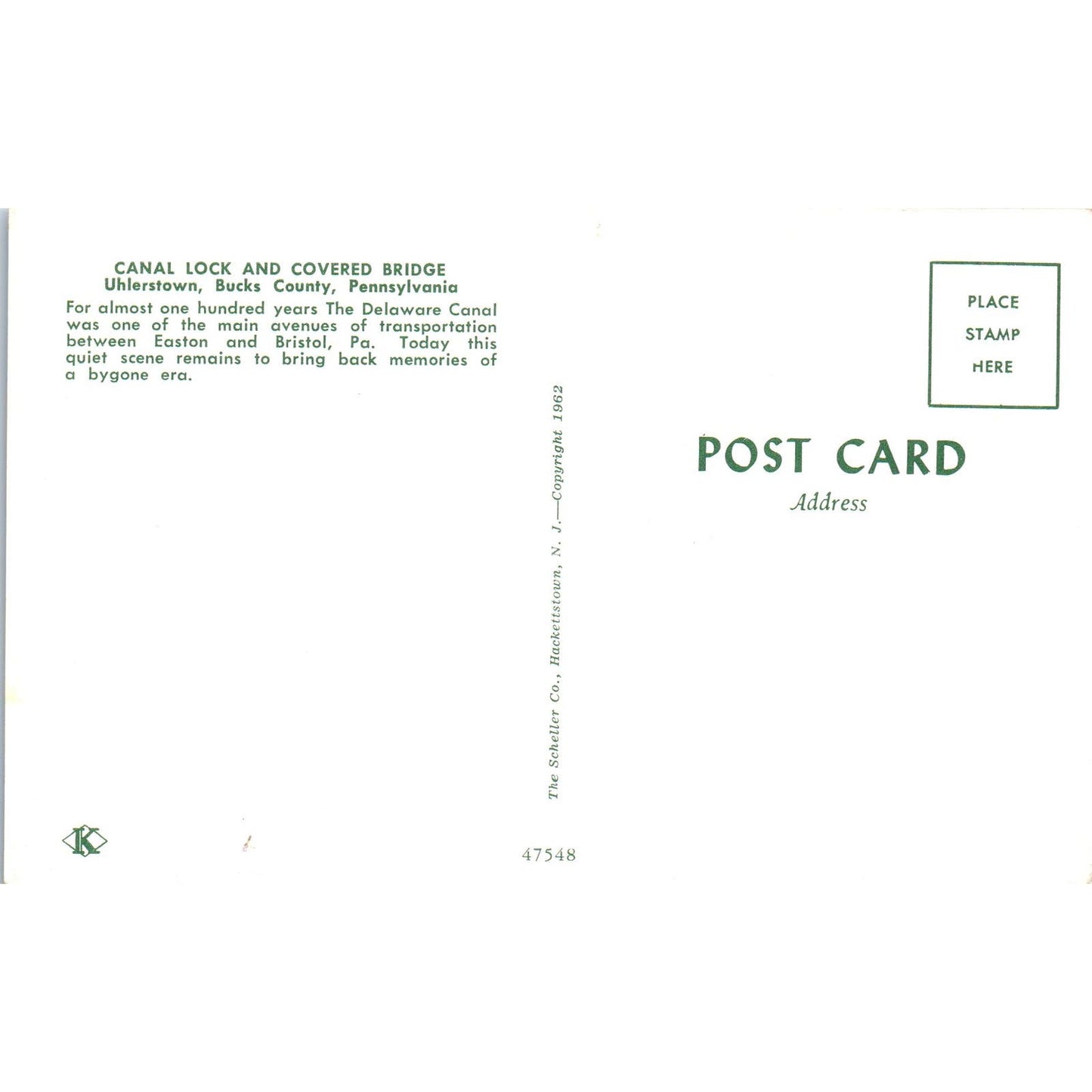 Uhlerstown Bucks County PA Canal Lock and Covered Bridge Postcard PC3