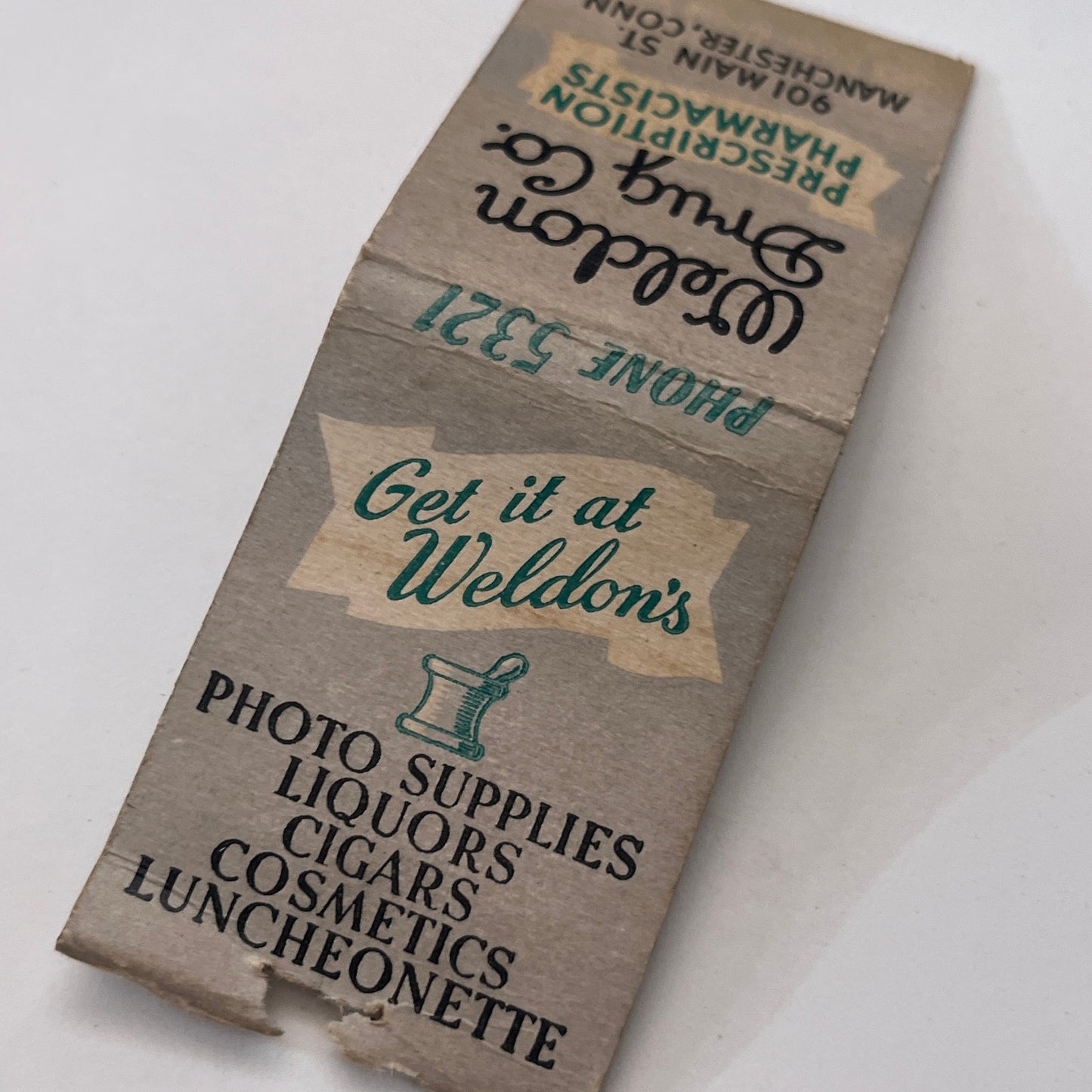 Weldon Drug Co Pharmacists Manchester CT Vintage Matchbook Cover TB8-MB-12