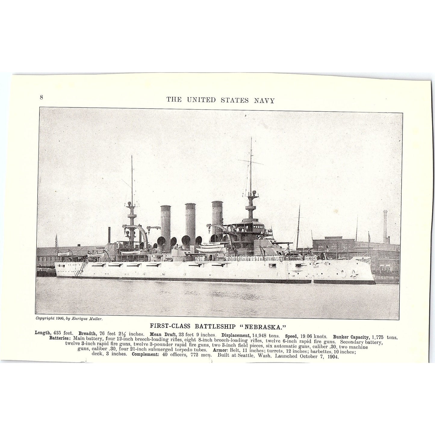 First Class Battleship Vermont & Nebraska Double Sided 1910 Print AF6-20