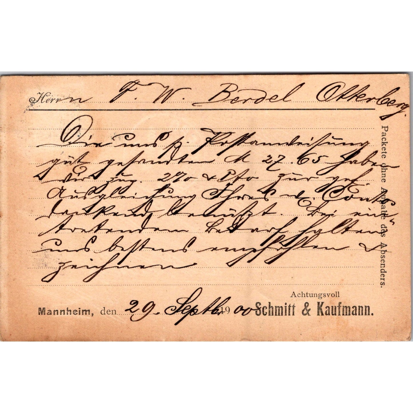 Schmitt & Kaufmann Mannheim G.W. Berdel Otterberg 1900 German Postcard TE2-GRQ