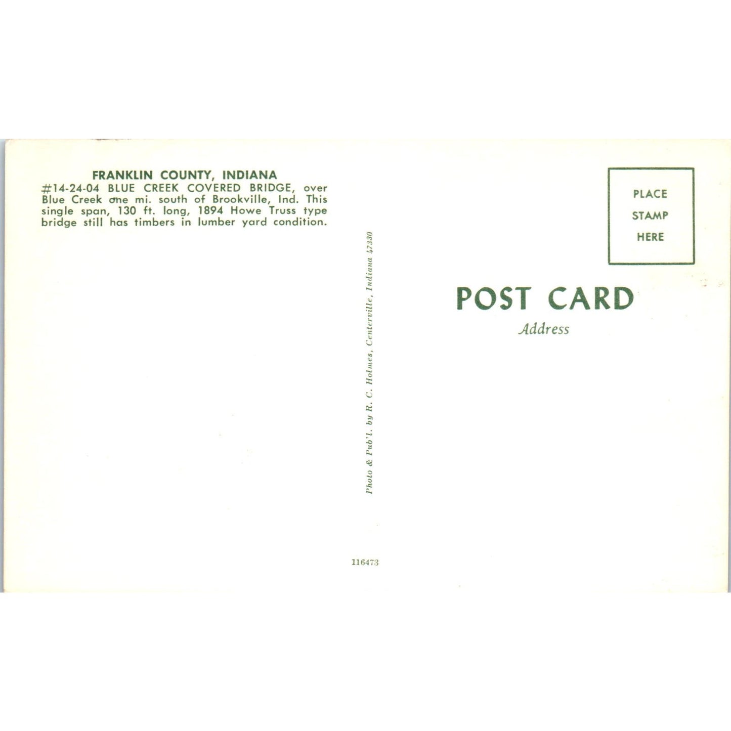 Franklin County Indiana Blue Creek Covered Bridge Postcard PB10