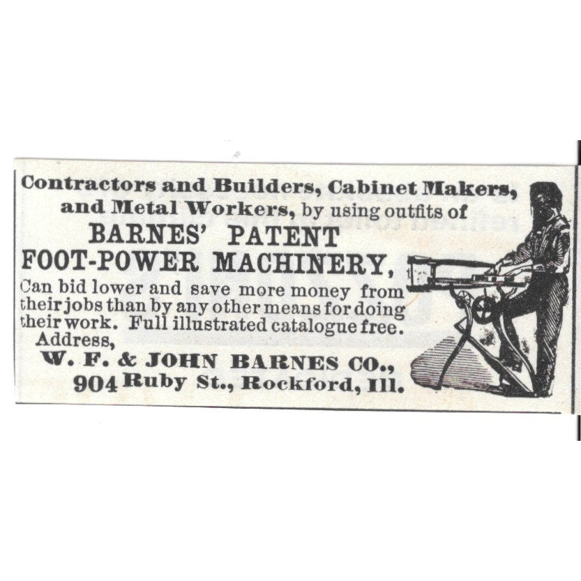 W.F. & John Barnes Co Patent Foot Power Machinery Rockford IL 1892 Ad AG2-S21