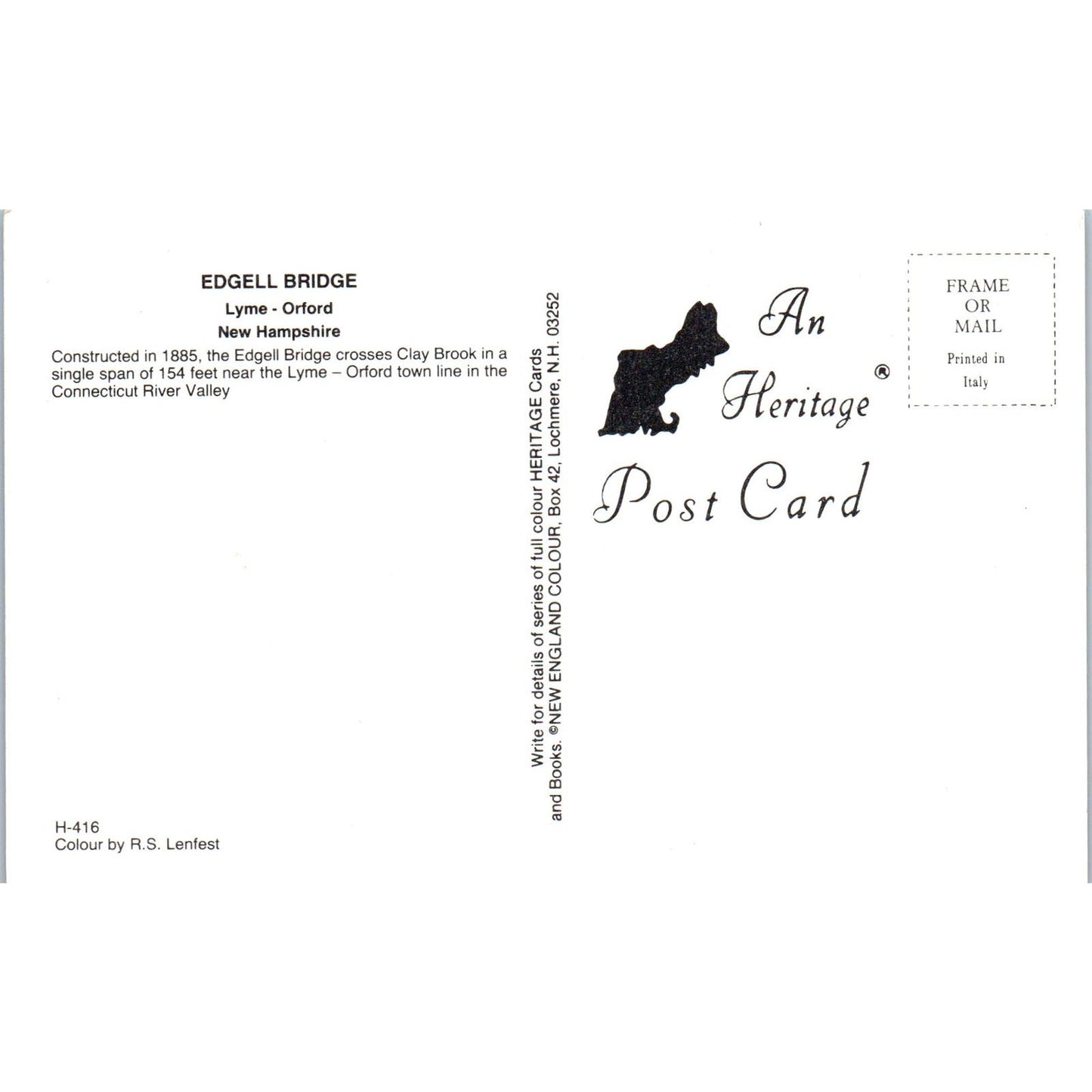 Edgell Bridge Lyme-Orford New Hampshire Covered Bridge Postcard PC3