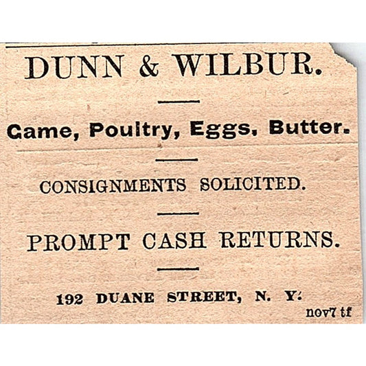 Dunn & Wilbur Game Poultry Eggs Butter 192 Duane St NY 1878 Ad AG2-M14