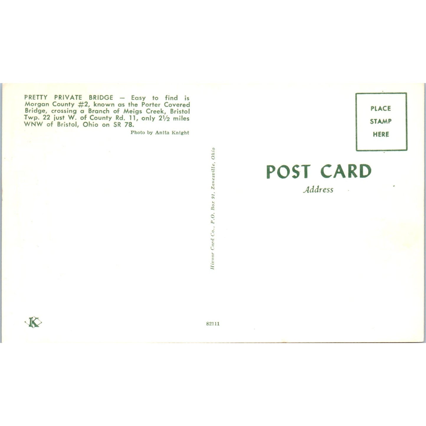 Morgan County 2 Porter Bridge Bristol Twp OH Covered Bridge Postcard PC16