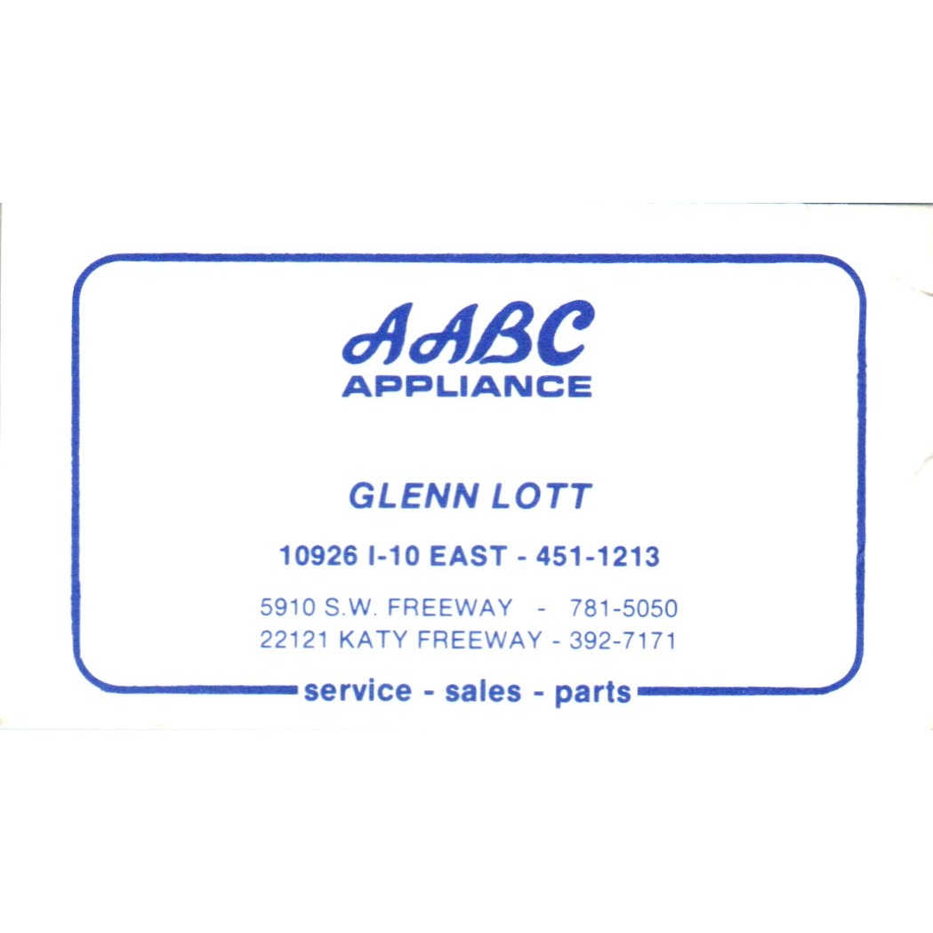 AABC Appliance Glenn Lott Houston TX Vintage Business Card SD8-B13
