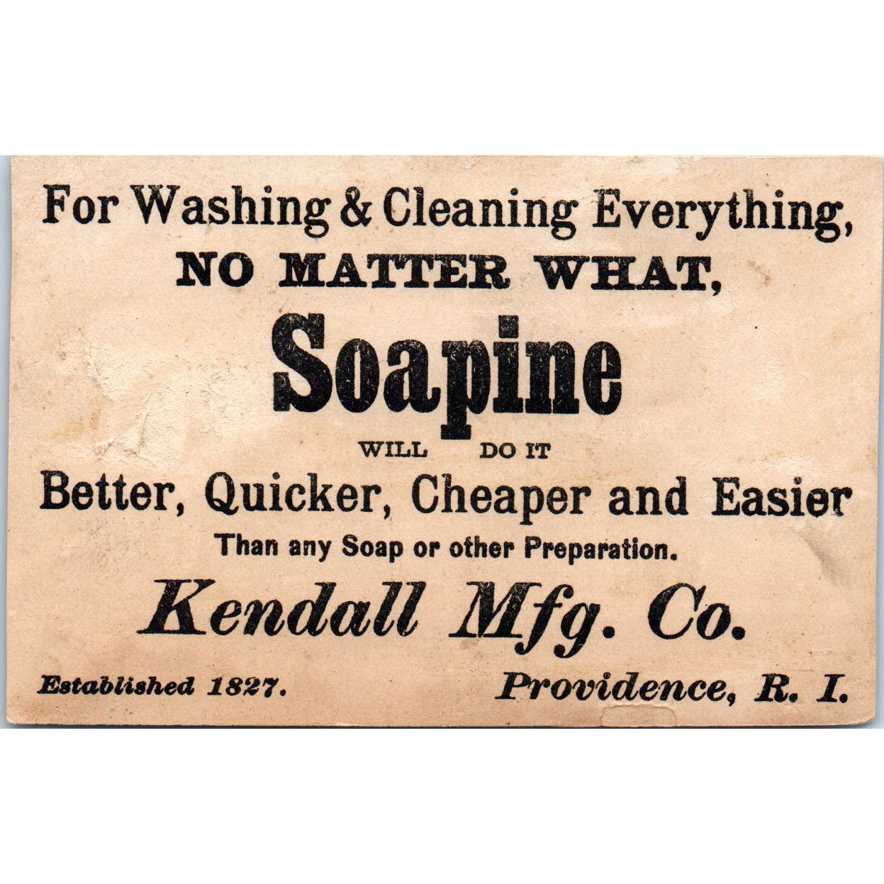 Kendall Mfg Co. Providence RI Soapine c1880 Victorian Trade Card AE5