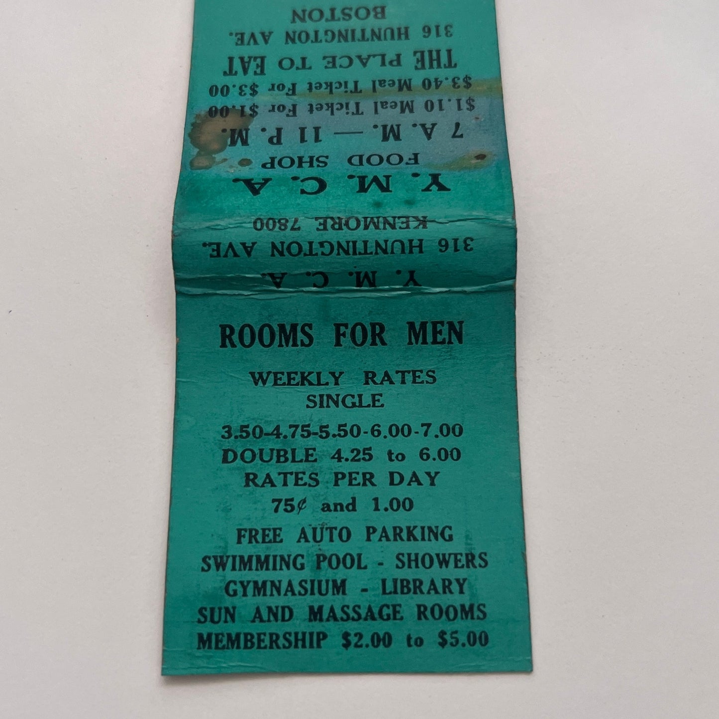 YMCA Food Shop 316 Huntington Ave Boston Vintage Matchbook Cover TB8-MB-3