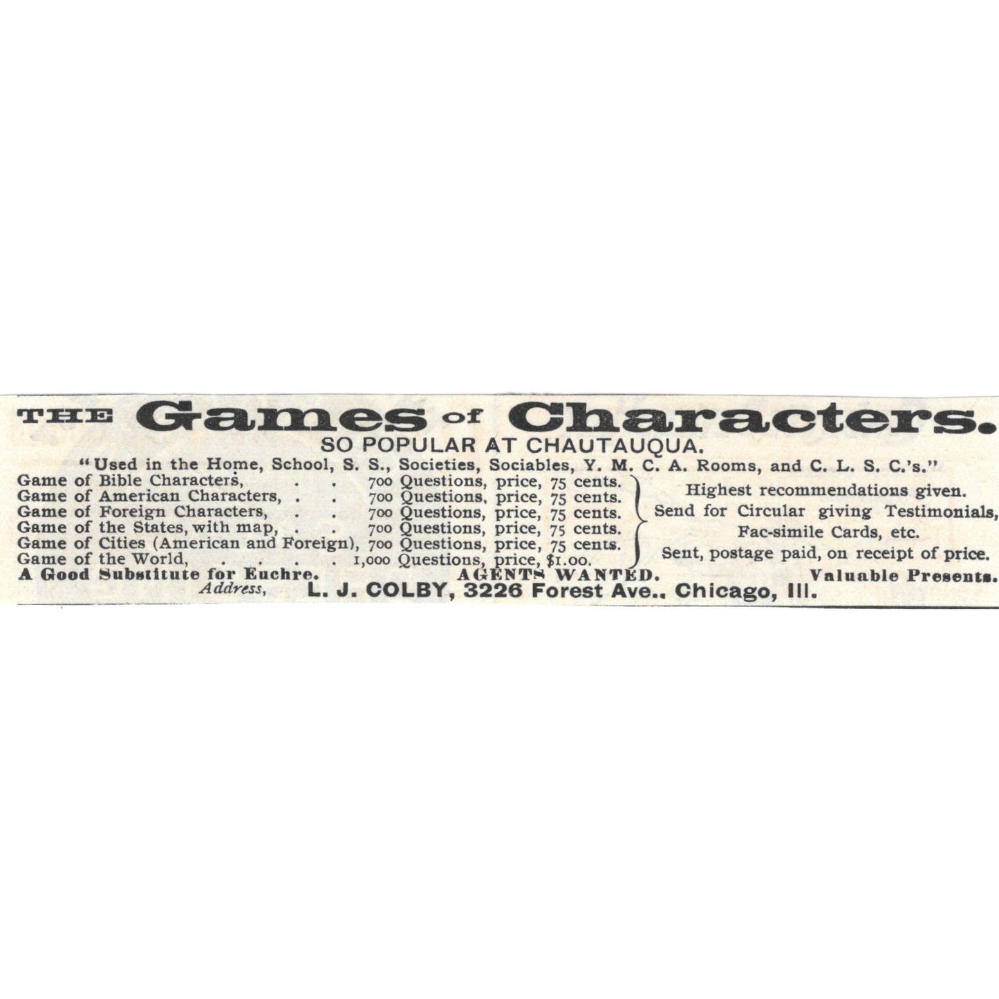 Games of Characters L.J. Colby Forest Ave. Chicago c1890 Victorian Ad AE8-CH13
