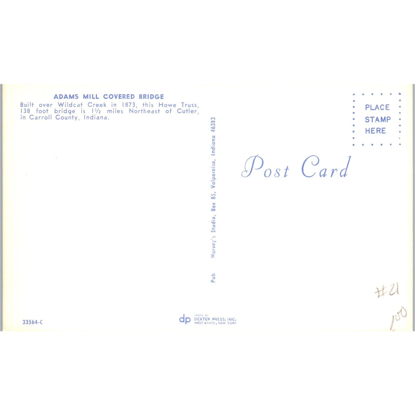 Adams Mill Bridge Cutler Carroll County IN Vintage Covered Bridge Postcard PC16