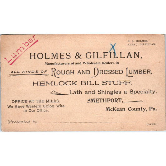 1890s Holme's & Gilfillan Lumber Trade Card Smethport McKean County PA AE6