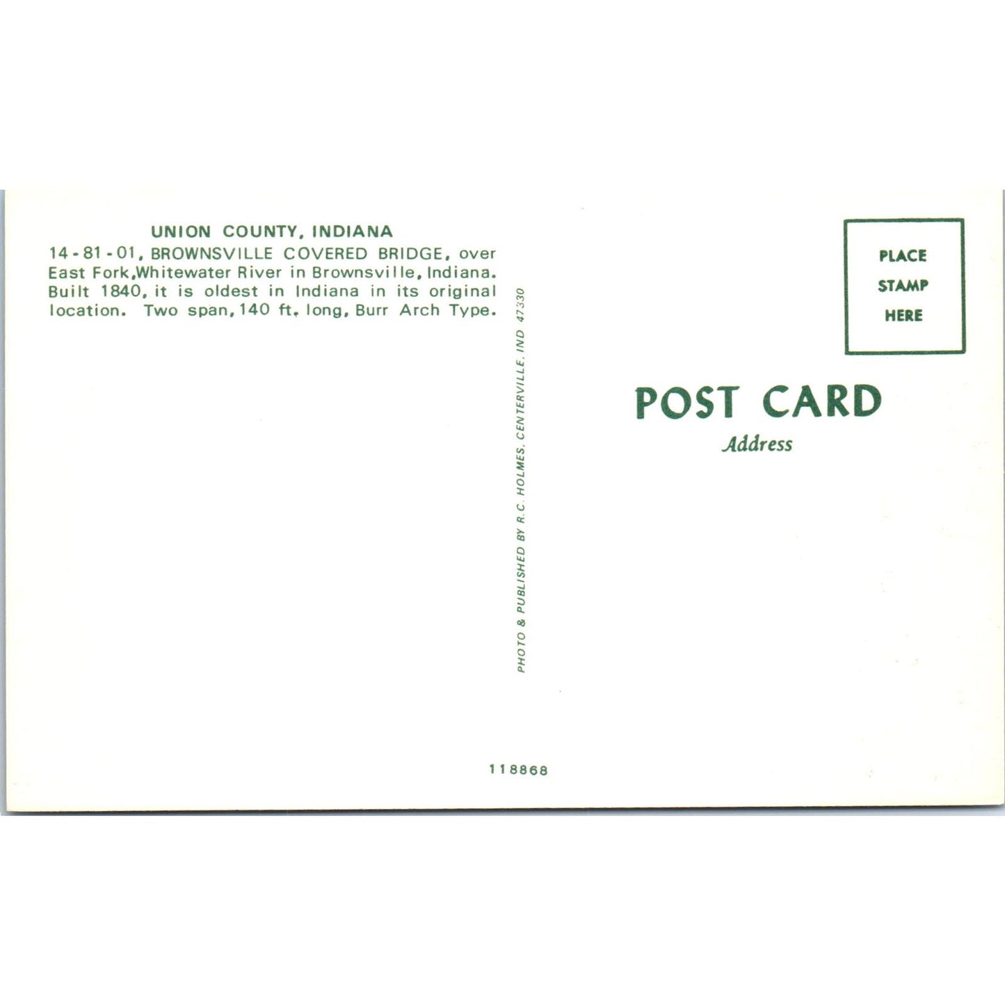 Brownsville Bridge Union County Indiana Covered Bridge Postcard PB11