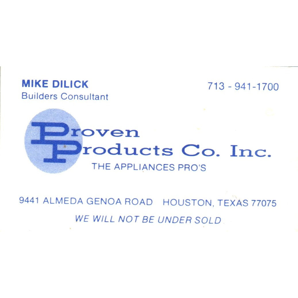 Proven Products Co Inc Mike Dilick Houston TX Vintage Business Card SD8-B13