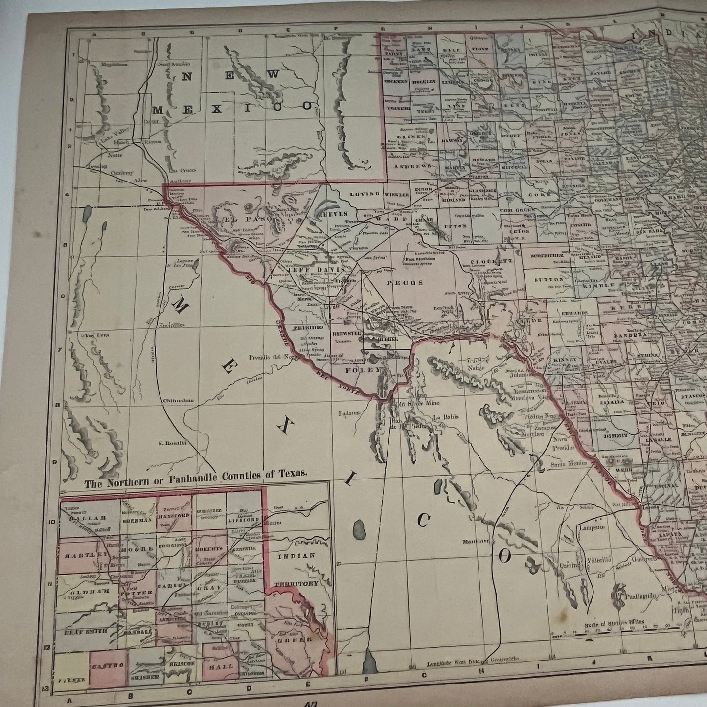 Texas, California & Nevada Fold Out 1894 Map Engraving V1-6
