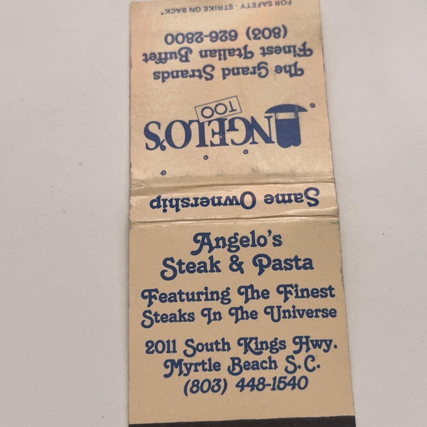 Angelo's Too Italian Buffet Myrtle Beach SC Vintage Matchbook Cover TB8-MB2-3
