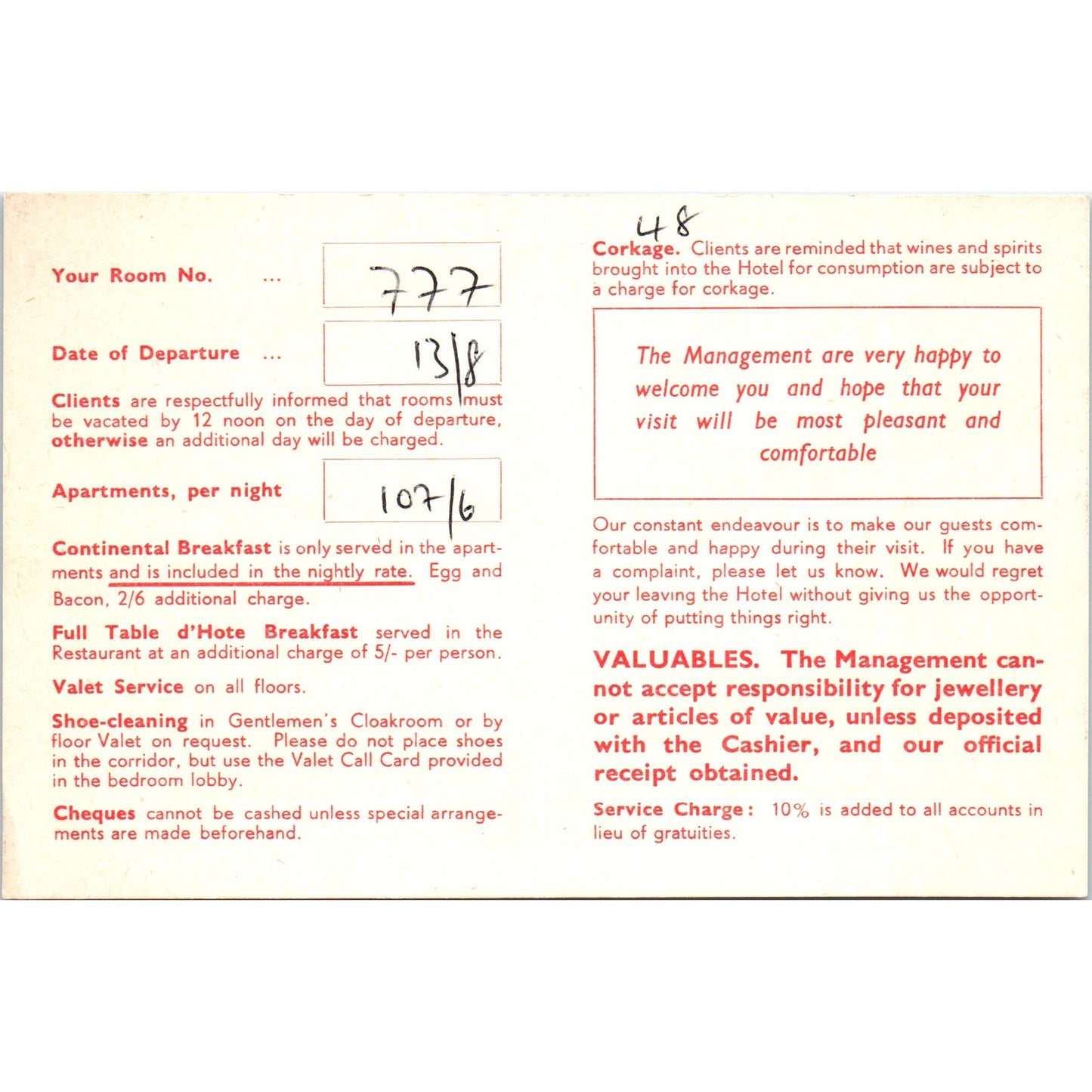 1960s The Mount Royal Hotel Marble Arch London Guest Reservation Card AF7-E10