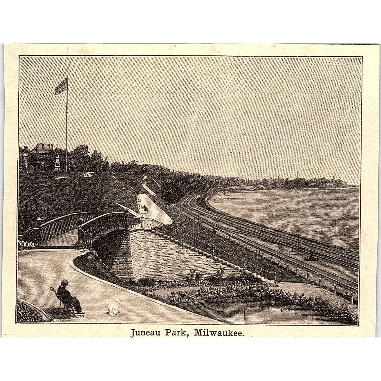 Juneau Park in Milwaukee WI 3x4" 1901 Engraving AF6-M16