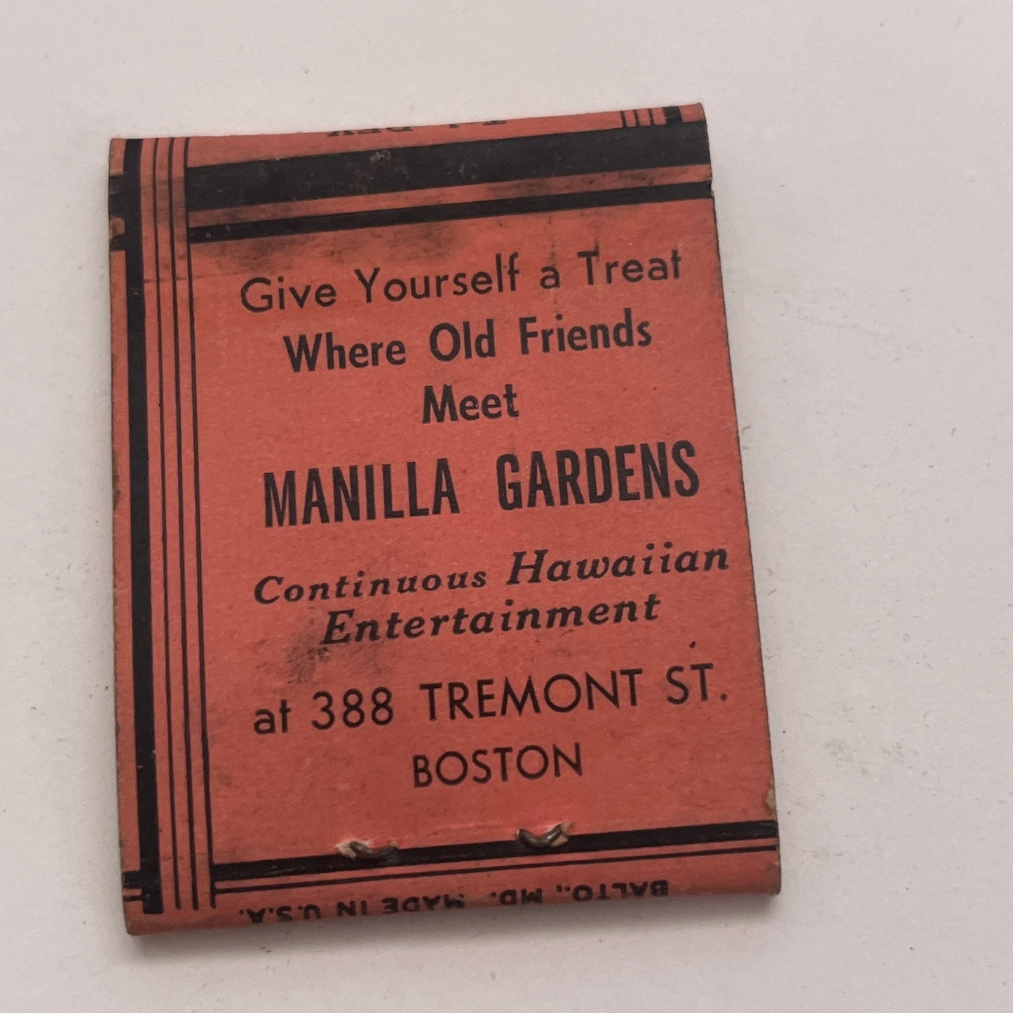 Manilla Gardens Hawaiian Entertainment Boston Vintage Matchbook Cover TB8-MB2-4