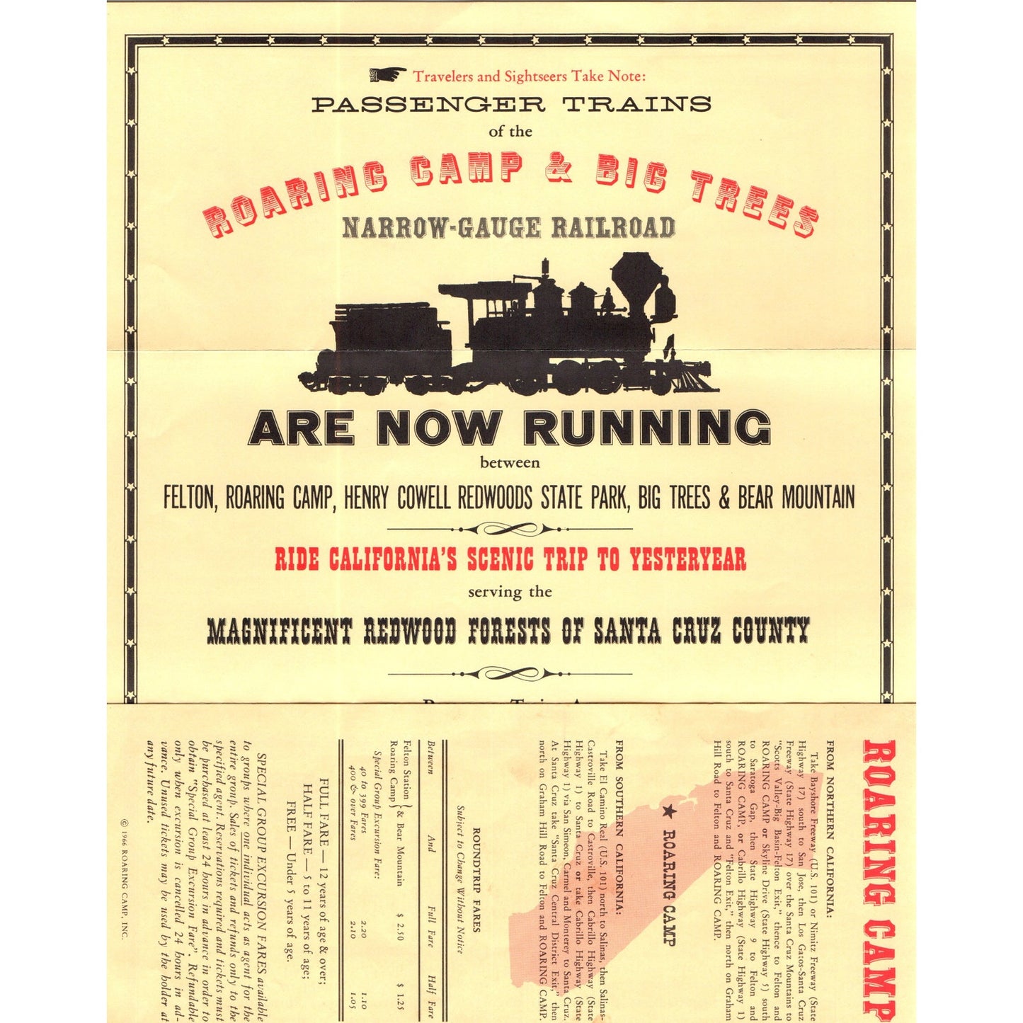 1966 Roaring Camp & Big Trees Narrow-Gauge Railroad Timetable Santa Cruz TH9-CB